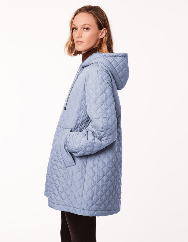 light blue lightweight quilted jacket with drawstring hood cinched cuffs and slanted hand pockets as womens winter cloth