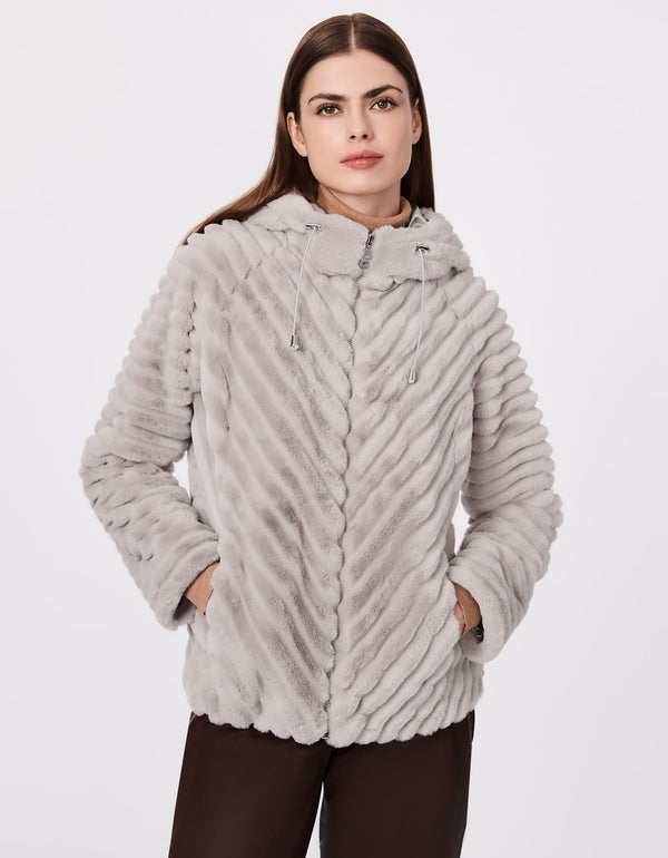 soft and lightweight drawstring hooded jacket made of faux fur in pastel gray color