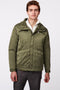 mens puffer jacket made for movement with utility pockets and Ecoplume insulation in olive green