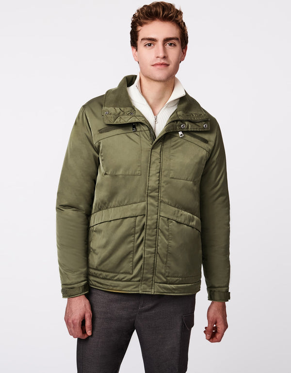 mens puffer jacket made for movement with utility pockets and Ecoplume insulation in olive green