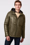 mens olive hooded puffer jacket with a touchable texture and glossy shine that is sure to be a statement piece