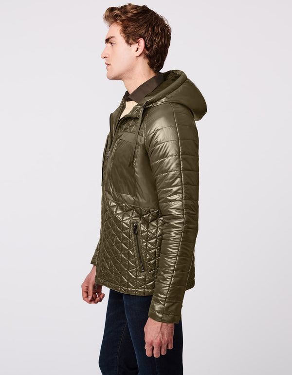 green puffer jacket for stylish men with a classic hip length fit made from recycled materials