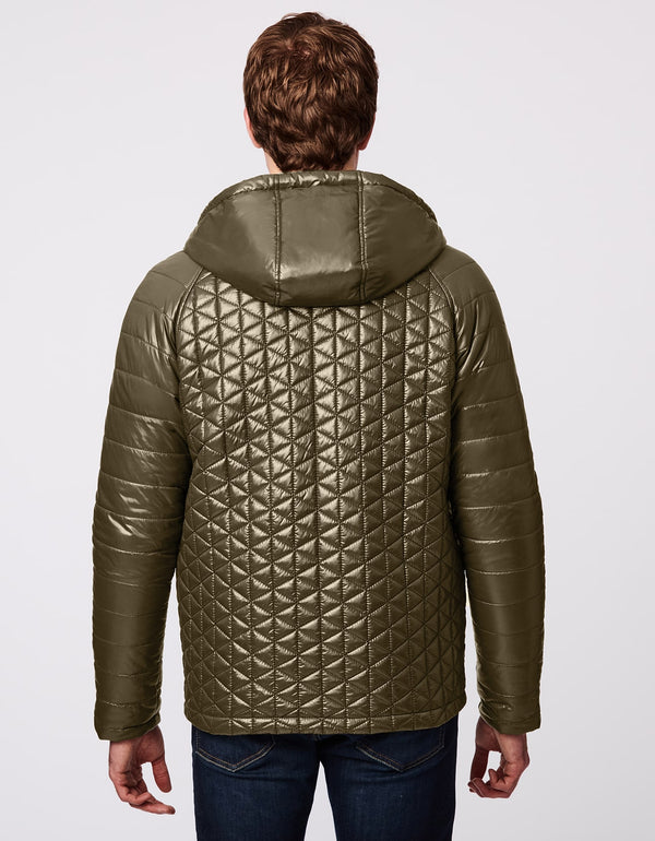 quilted puffer jacket for men with drawstring hood and vertical zippers in the chest and hand pockets
