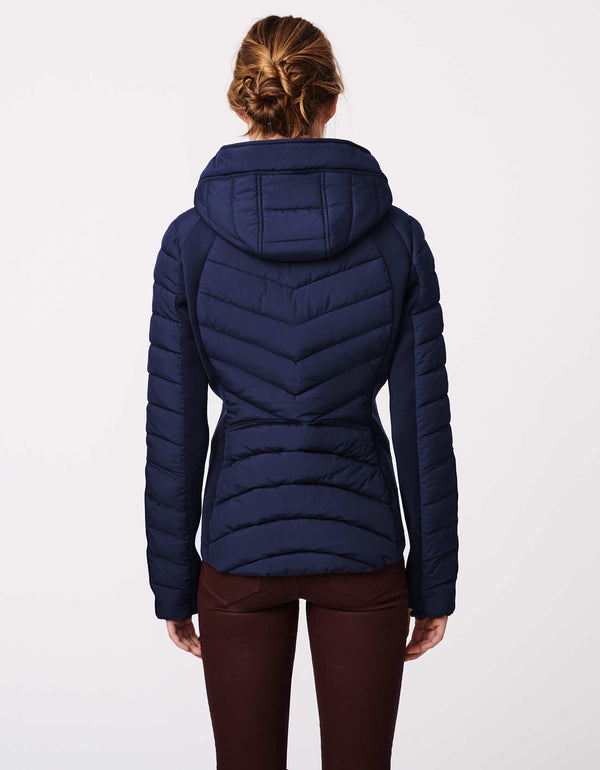 non bulky slim fit double up hooded puffer jacket stand collar hood zip pockets and neoprene panels in medium dark shade of blue
