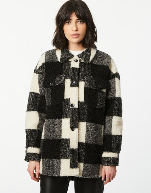 cozy and warm button up knitted black and white checkered shirt with two front pockets for women