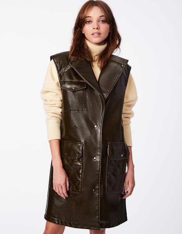 womens outerwear vest made of vegan leather that is good for layering outfits in dark olive color