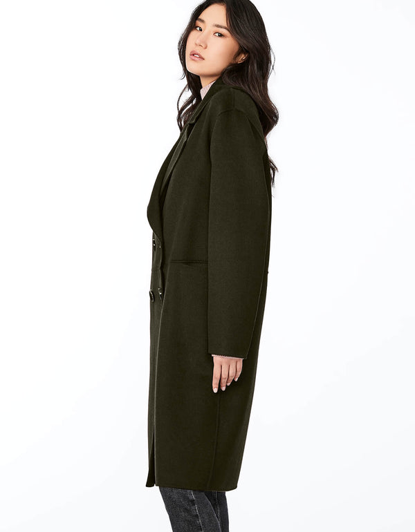 oversized knee length wool coat in seaweed color for women with notch collar and seamed waist with slit pockets