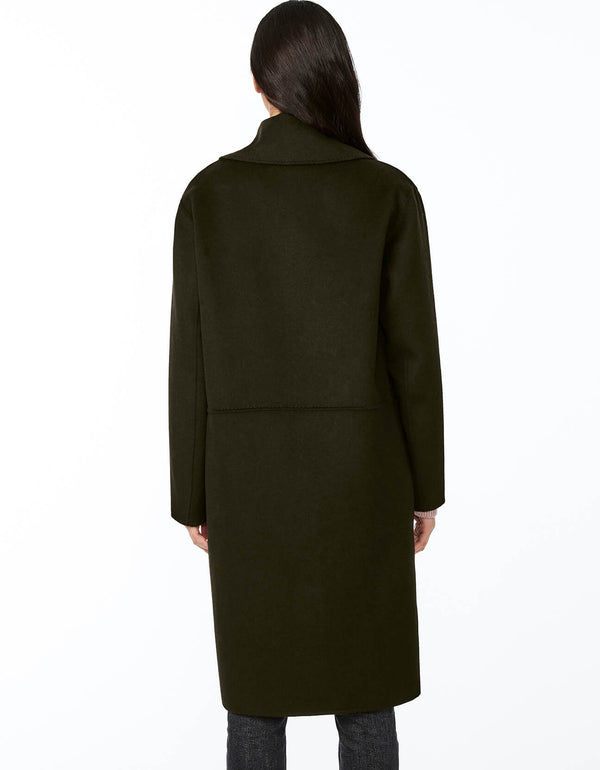chic black double breasted wool coat with slit pockets and knee length that highlights height