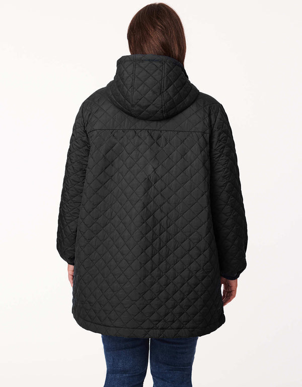 plus size black lightweight quilted jacket with drawstring hood cinched cuffs and slanted hand pockets as womens winter cloth