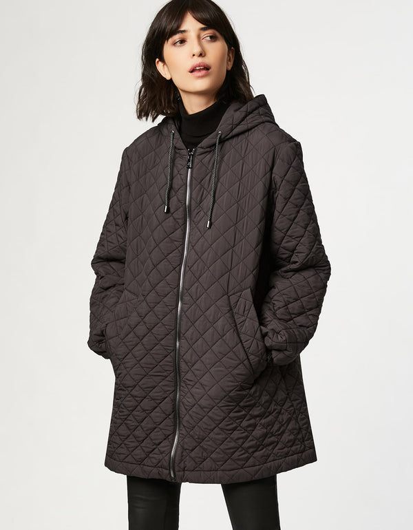 dark grey lightweight quilted jacket with drawstring hood cinched cuffs and slanted hand pockets as  womens winter cloth