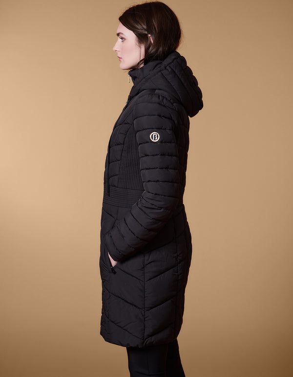winter coat called a puffer jacket in mid length and flare design in black color