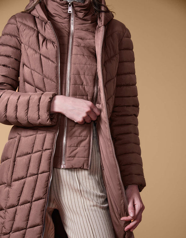 packable brown puffer coat for women with zip off vest design that has been beautifully stitched to draw eyes away from the waist