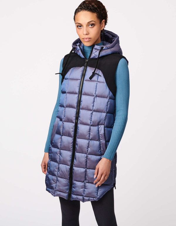 long hooded puffer vest in violet with side zip vents hand pockets and EcoPlume warmth from sustainable insulation