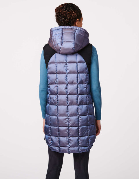 water resistant hooded puffer vest for women in hip length made of eco friendly materials available in violet