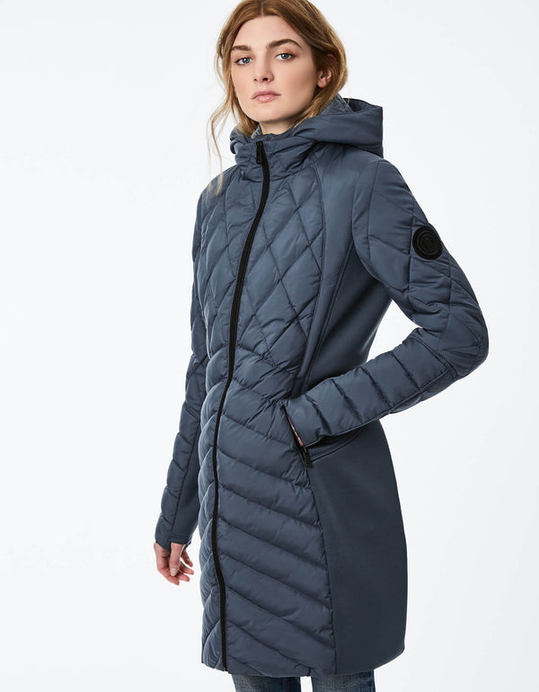 womens extra coverage double up puffer in grayish blue color with zip out vest design and stand collar