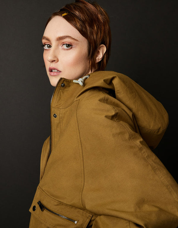 cargo parka for boho look featuring a fashionable puff sleeve design with utilitarian elements