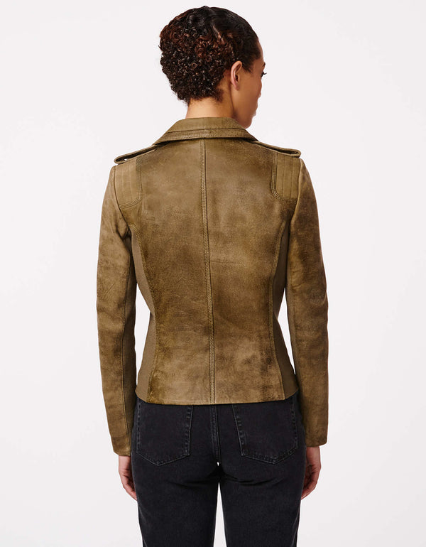 Shop fall and winter clothes at Bernardo Fashions that offer hip length moto jacket made of genuine leather