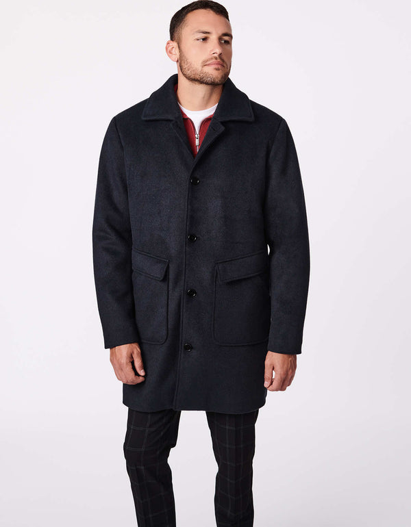 below mid length wool coat for men with sustainable EcoPlume insulation and oversized patch pockets for modern men fashion during winter