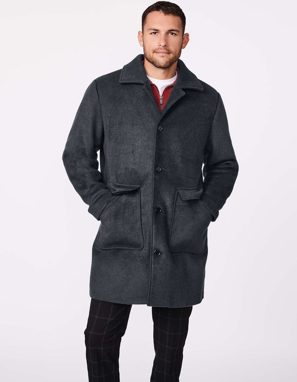 mens winter wool coat is warm with sustainable EcoPlume insulation and oversized patch pockets in a classic style easy fit