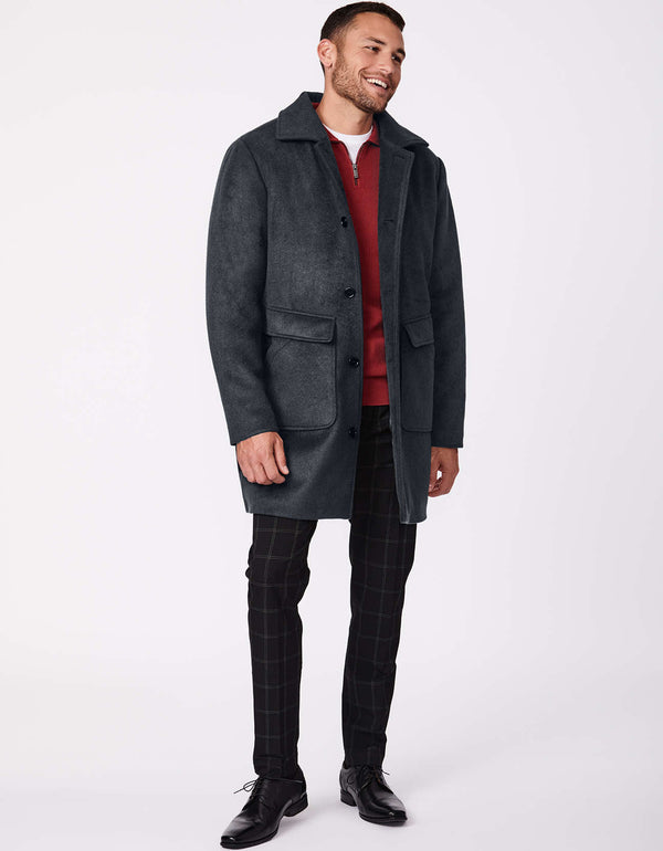mens long wool coat below mid length with sustainable EcoPlume insulation and oversized patch pockets for modern men fashion during winter