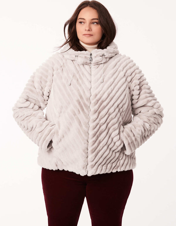 cozy and comfortable plus size vegan fur hooded jacket with hand pockets as womens winter jacket in light grey