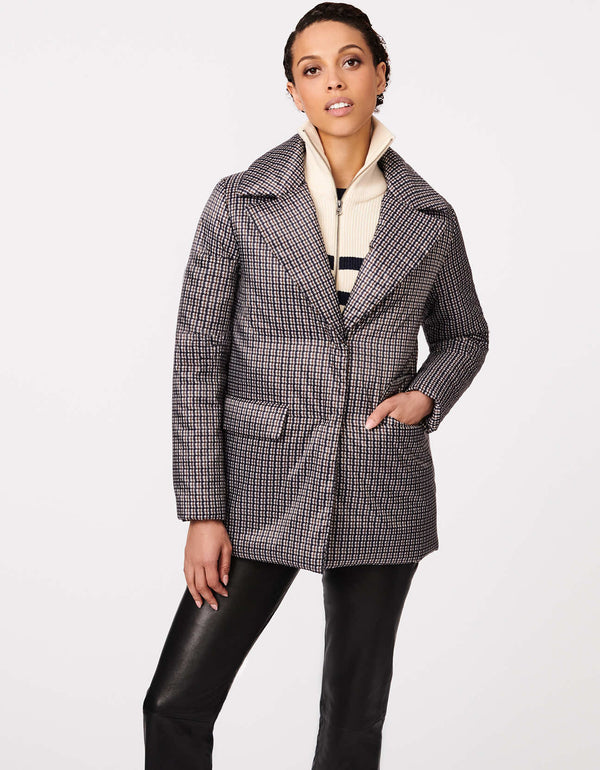 trendy womens outerwear this 2022 is a classic fit hip length puffer blazer in mini plaid print made warm with sustainable insulation