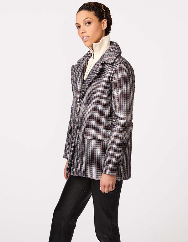 non bulky puffer blazer with lapel and flap hand pockets and hidden button closure