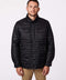 mens puffer jacket in black with quilted rows and patch pockets and stand collar