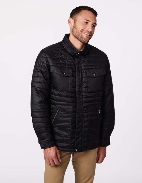 mens classic fit hip length puffer jacket with cruelty free filler for insulation for a warm winter