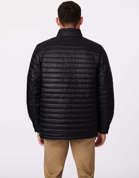 lightweight non bulky puffer jacket for men with pack away hood in color black