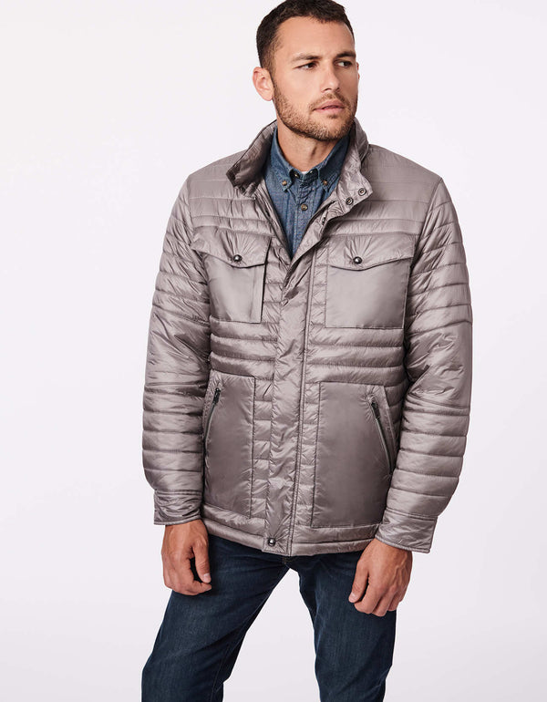 mens classic fit hip length puffer jacket with cruelty free filler for insulation for a warm winter