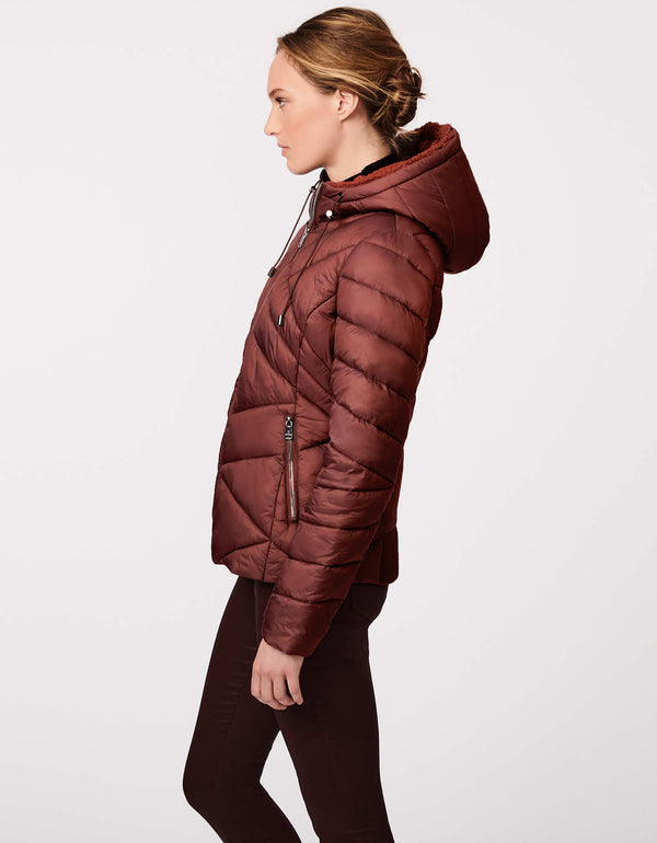 slim fit hip length sports puffer jacket for women in brown as trendy outerwear