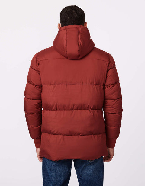 sustainable clothing brand Bernardo stocks this brown color outerwear for men with sustainable Ecoplume insulation