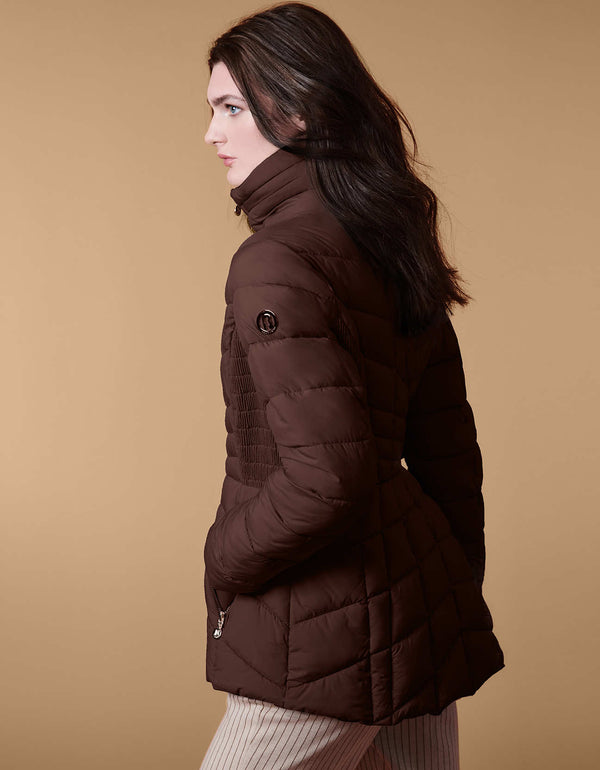 dark brown puffer jacket outerwear with stand collar quilted body and zip pockets part of style for work during winter in the US