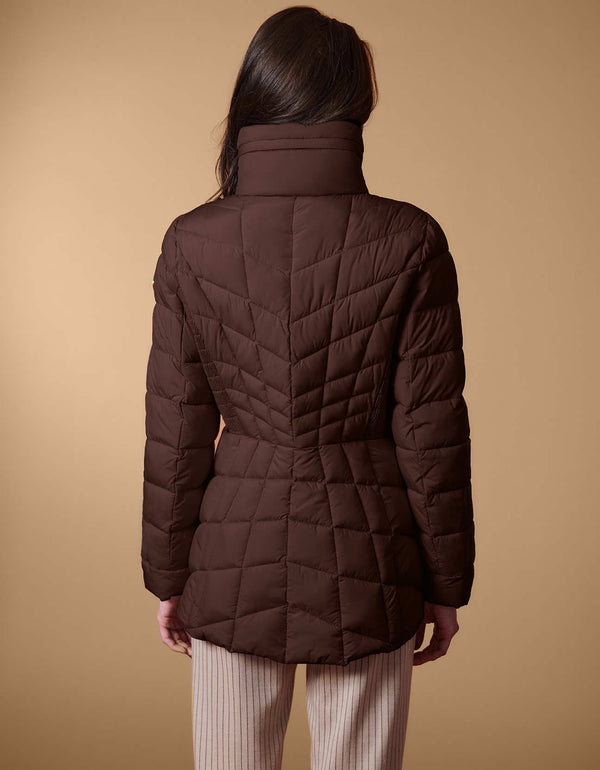 packable winter puffer jacket for women with hidden hood collar and knit insert available in dark brown