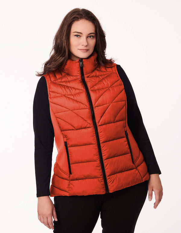 plus sized womens outerwear vest in color orange with neoprene side panels and flattering quilted pattern