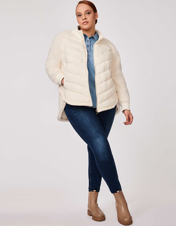 quilted puffer jacket in plus size with high low hem faux fur sleeves and warm EcoPlume insulation in warm white