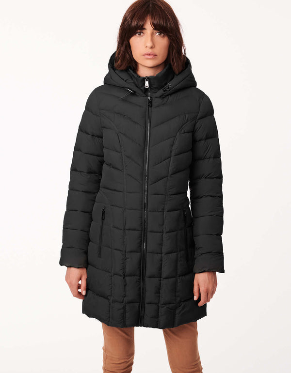 3 in 1 winter puffer coat folds into a backpack and packs into the interior back pocket in black