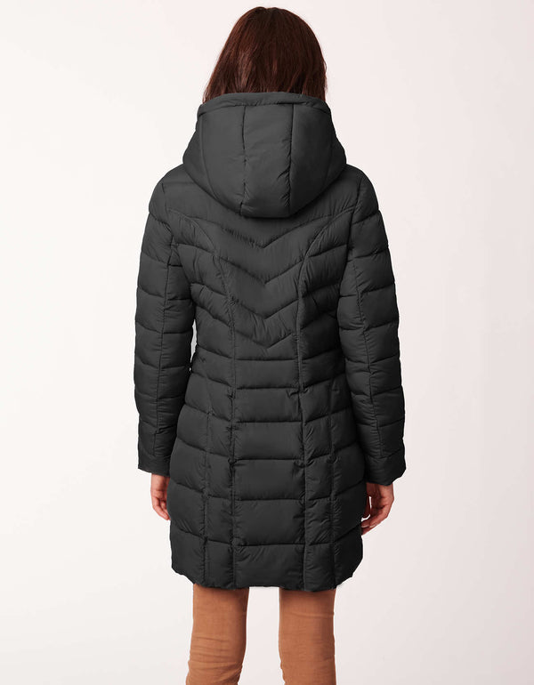 warm puffer coat in black as winter fashion clothing roomier in chest shoulders and waist