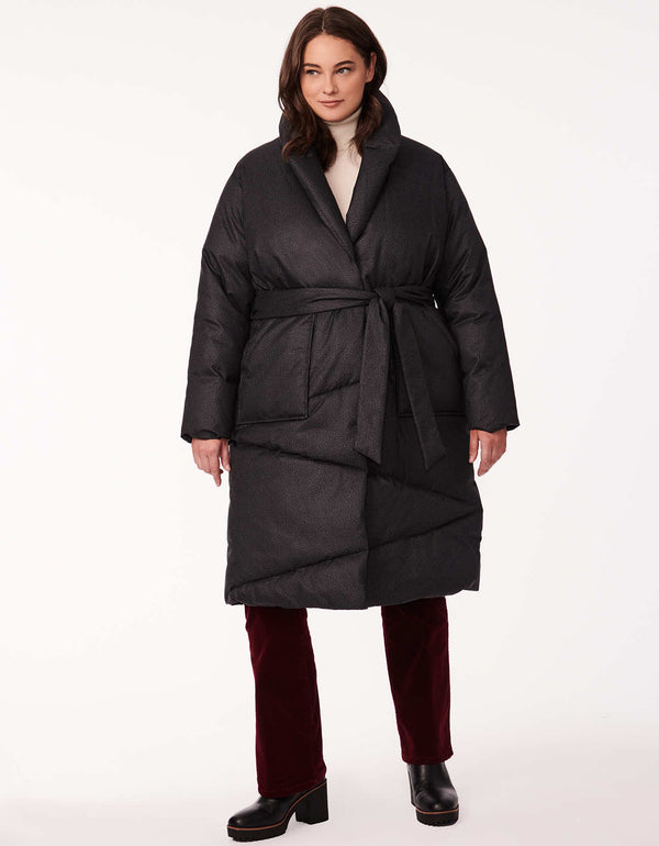 long and heavy winter coat with belt in black for winter with insulation for cold weather with concealed snap closures in extended plus size