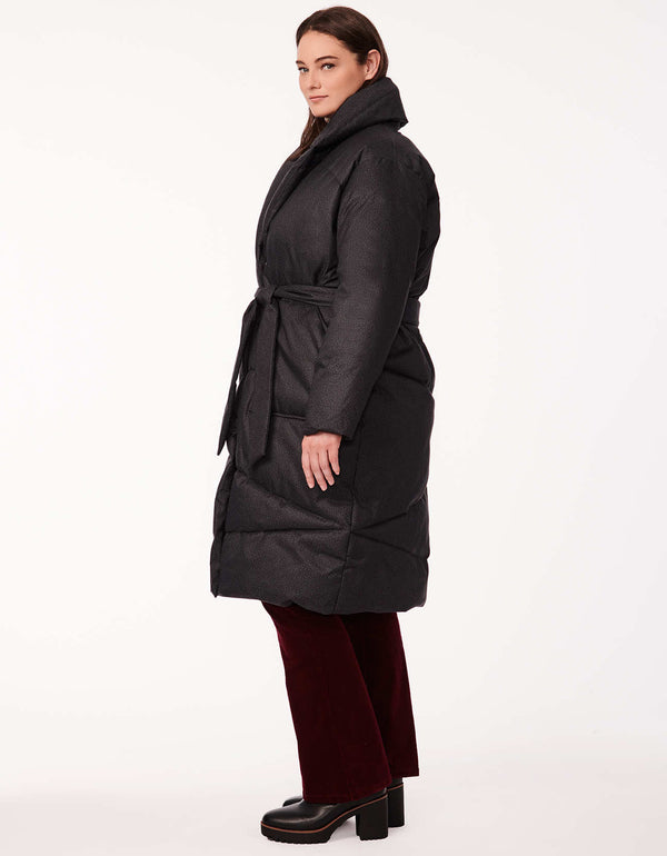 black long down puffer coat with belt interior elastic cuffs and quilting inside the sleeve lining as womens winter clothing in big size
