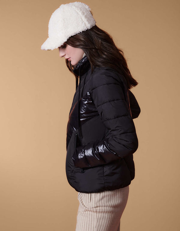 soft and lightweight hip length puffer jacket with drawstring collar and zipper hand pockets in black