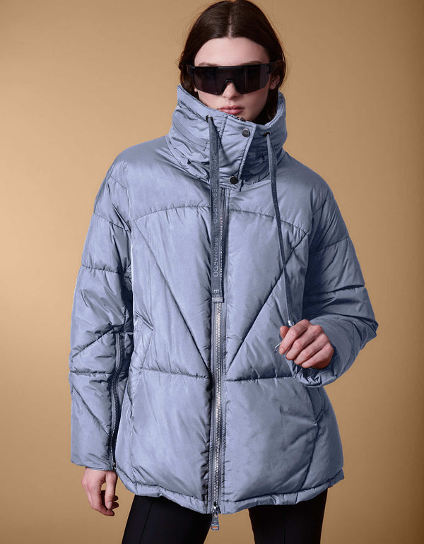 online shopping for womens winter clothes at bernardo nonbulky winter puffer coat in blue with hidden hood inside the collar