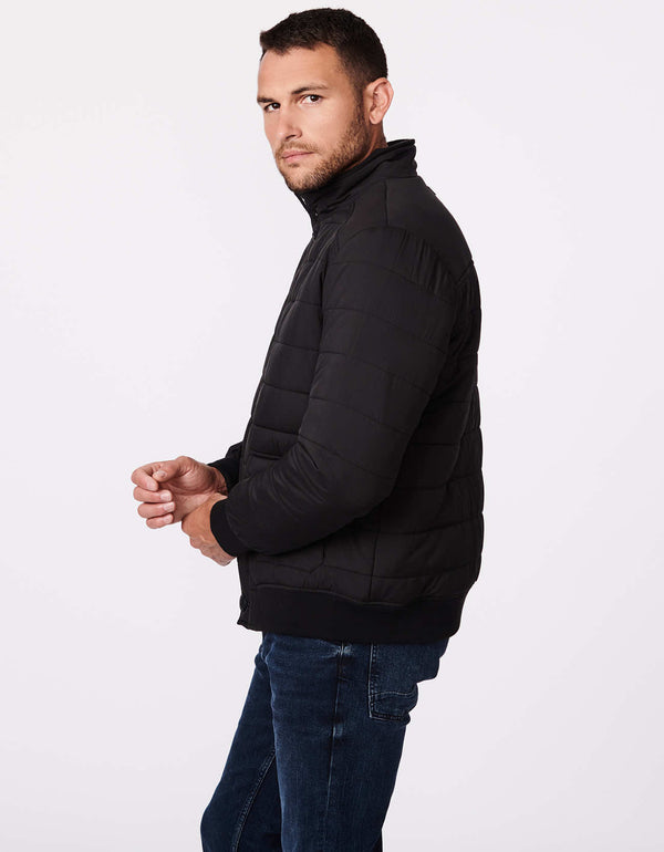 classic fit hip length puffer jacket in black with patch hand pockets made from 100 recycled post consumer plastic bottles