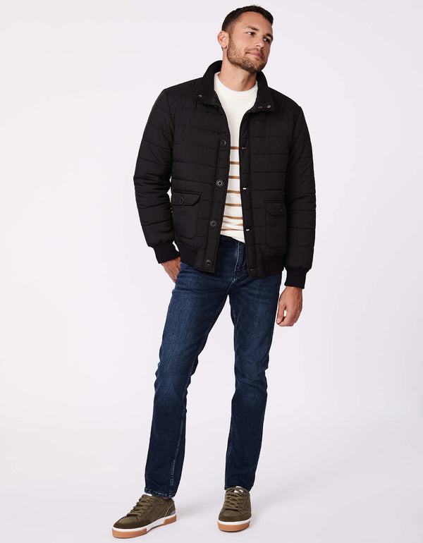 mens classic puffer jacket for everyday use with button closures funnel collar and Ecoplume sustainable filler