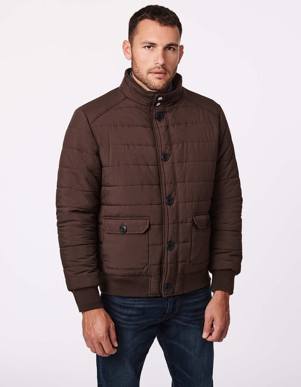 chocolate brown puffer jacket with knit cuffs and patch hand pockets that act as utility feature and hand warmers as outerwear for men