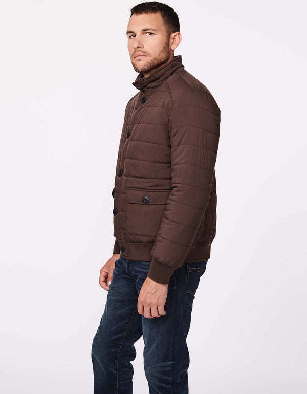 classic fit hip length puffer jacket in chocolate brown with patch hand pockets made from 100percent recycled post consumer plastic bottles