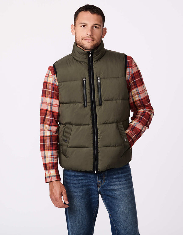 mens puffer vest with non bulk eco friendly ecoplume insulation and functional four zipper pockets