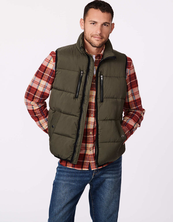 olive colored puffy vest for men with a classic and hip length fit made from recycled materials