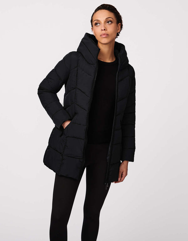 womens black puffer jacket quilted and warm for winter in a slim fitting mid length silhouette